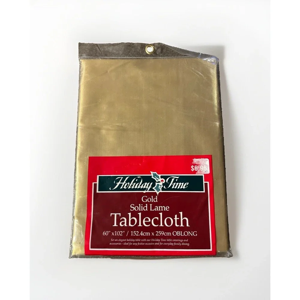 VINTAGE Gold Lame HOLIDAY TIME Tablecloth 60x102 Oblong NEW Old Stock Unopened
